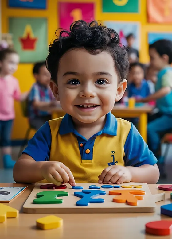Adorable hispanic boy playing with maths puzzle game sitting table kindergarten